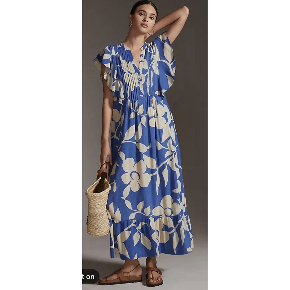 Anthropologie Maeve Cassandra Botanical Maxi Dress Blue Cream Boho Flowy Size L
